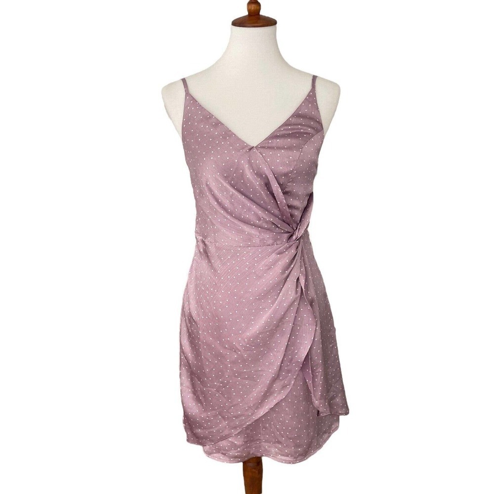 🍀 Lulus Missy Lavender Polka Dot Satin Knotted Front Surplice Mini Dress Size S